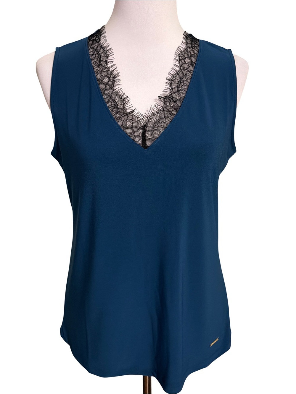 Anne Klein Teal V-Neck Sleeveless Top with Black Lace Trim